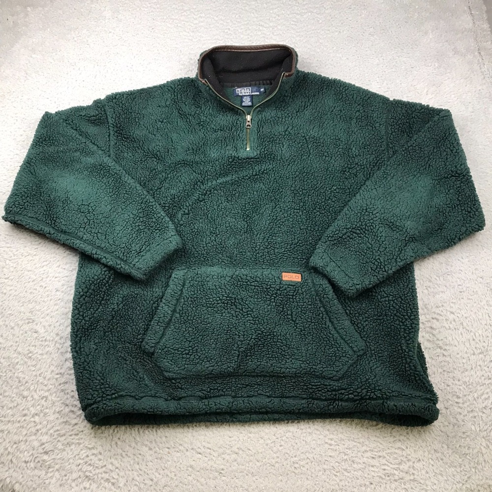 Polo Ralph Lauren Sweater Mens M Green Deep Pile Fleece 1/4 Zip Pullover Vtg 90s